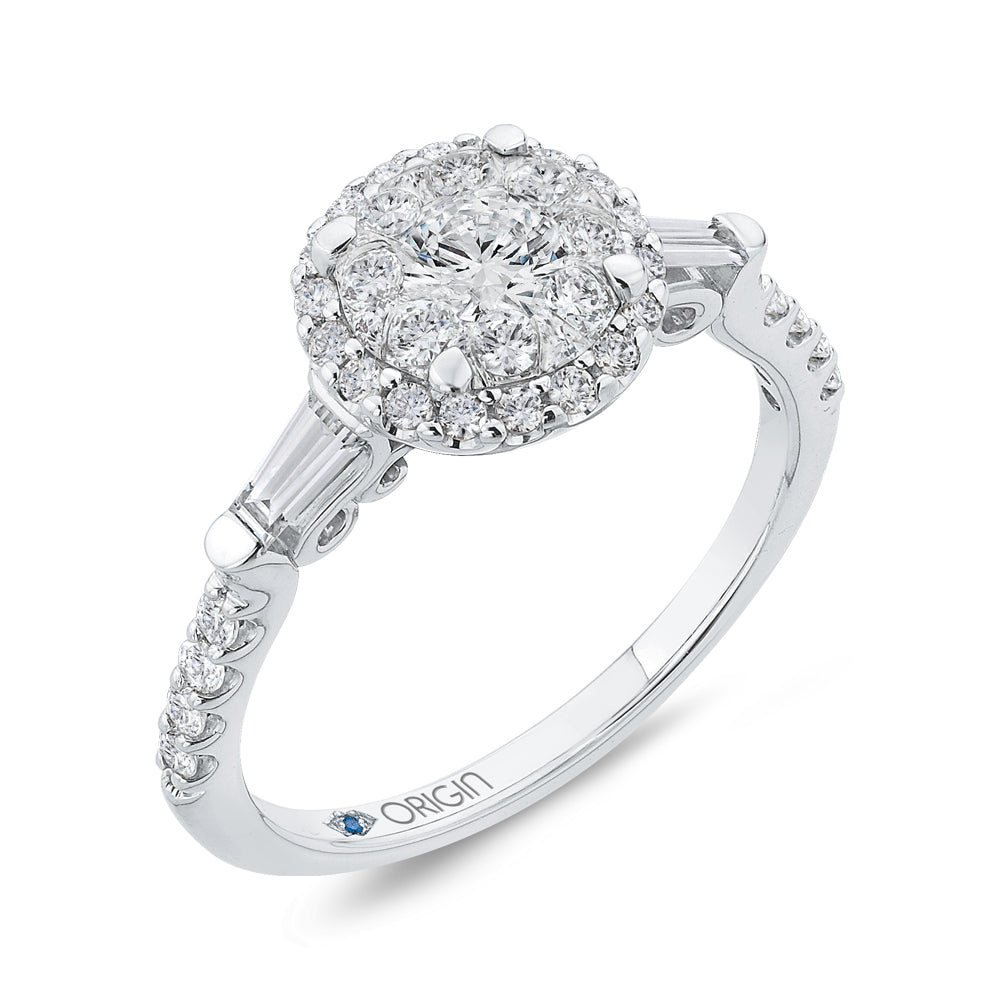 14K White Gold Round & Baguette Diamond Halo Engagement Ring