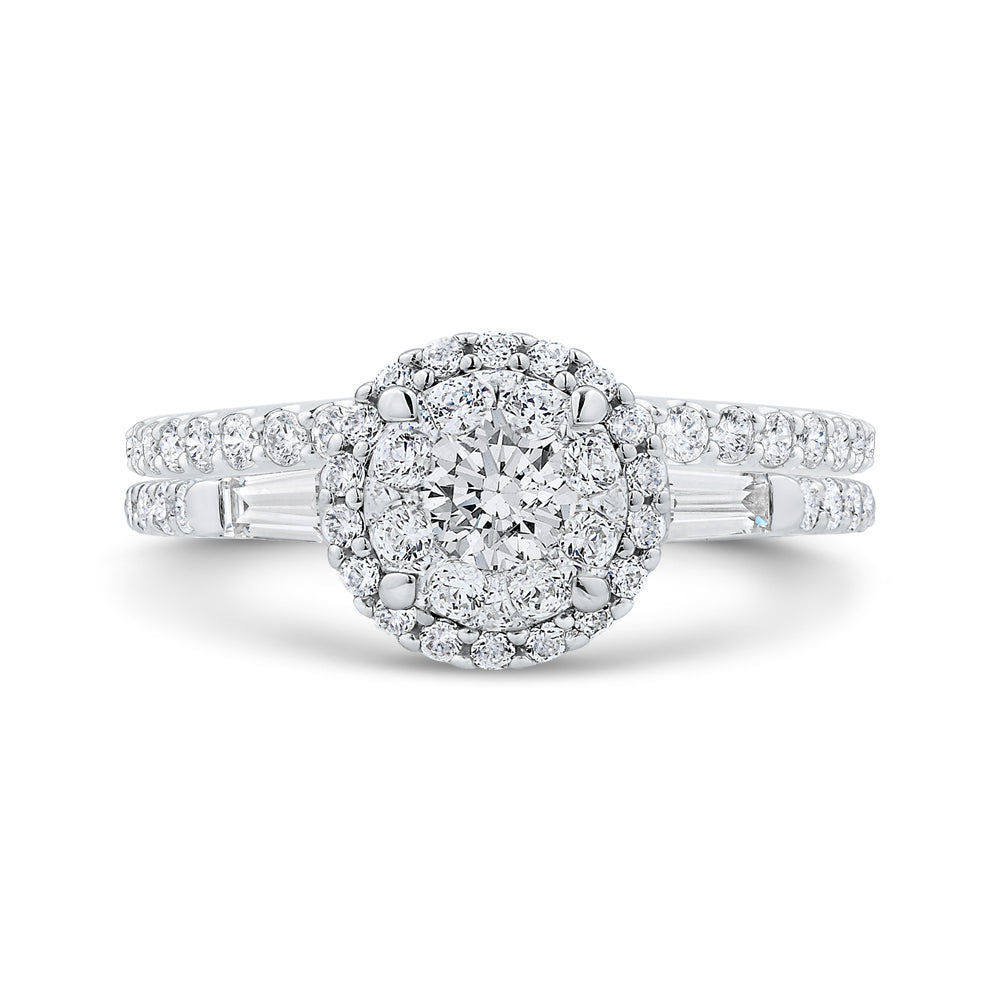 14K White Gold Round & Baguette Diamond Halo Engagement Ring