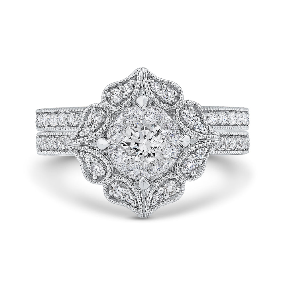 14K White Gold Round Cut Diamond Flower Shape Engagement Ring