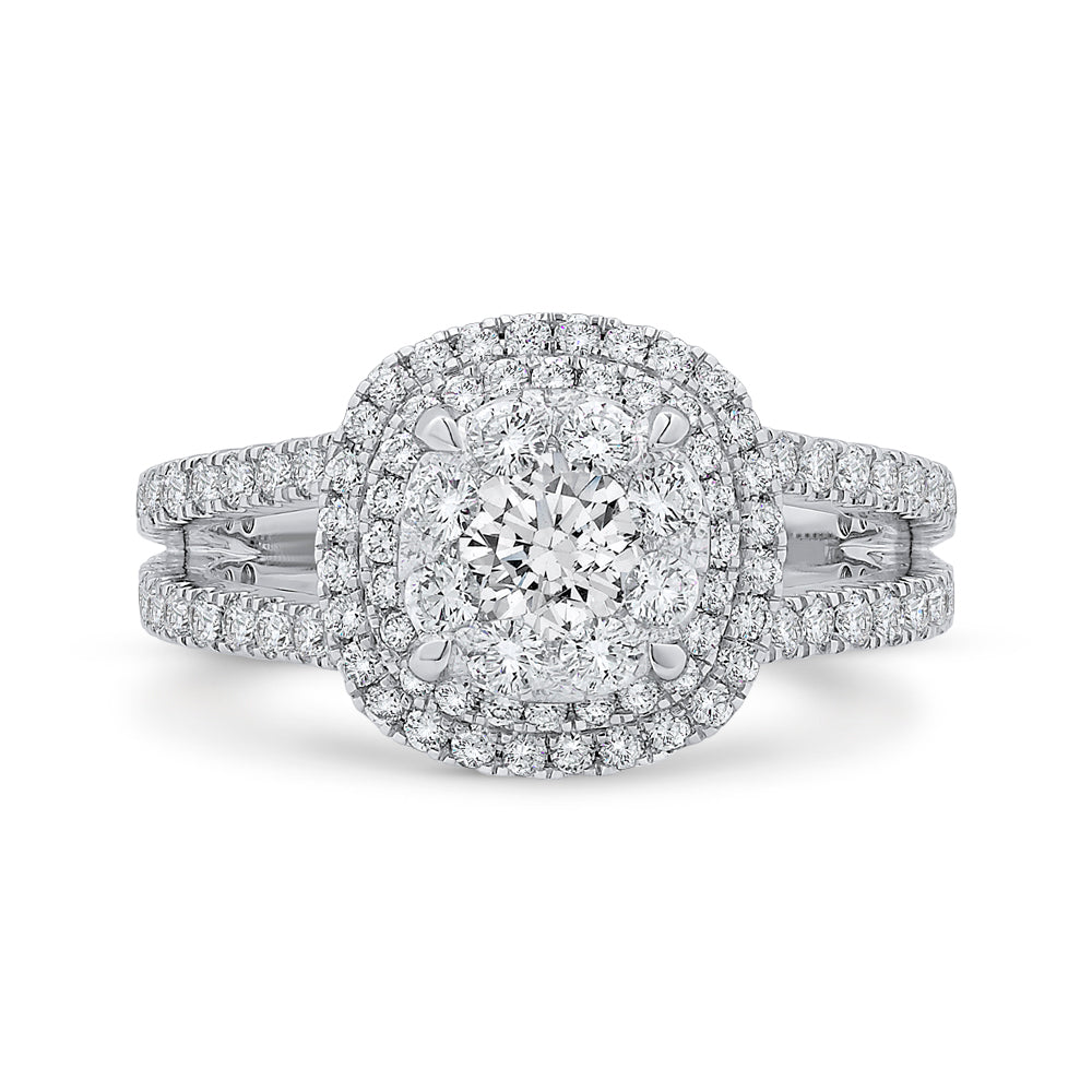 14K White Gold Round Diamond Double Halo Engagement Ring with Blue Sapphire