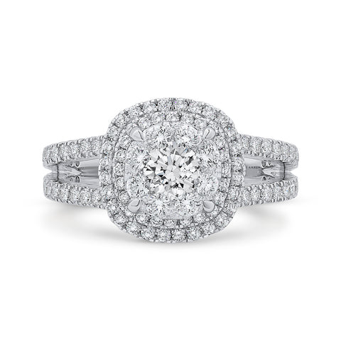 14K White Gold Round Diamond Double Halo Engagement Ring with Blue Sapphire