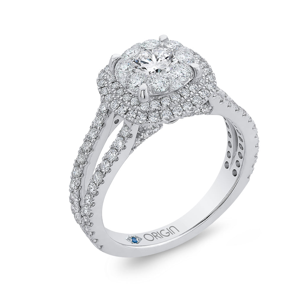 14K White Gold Round Diamond Double Halo Engagement Ring with Blue Sapphire