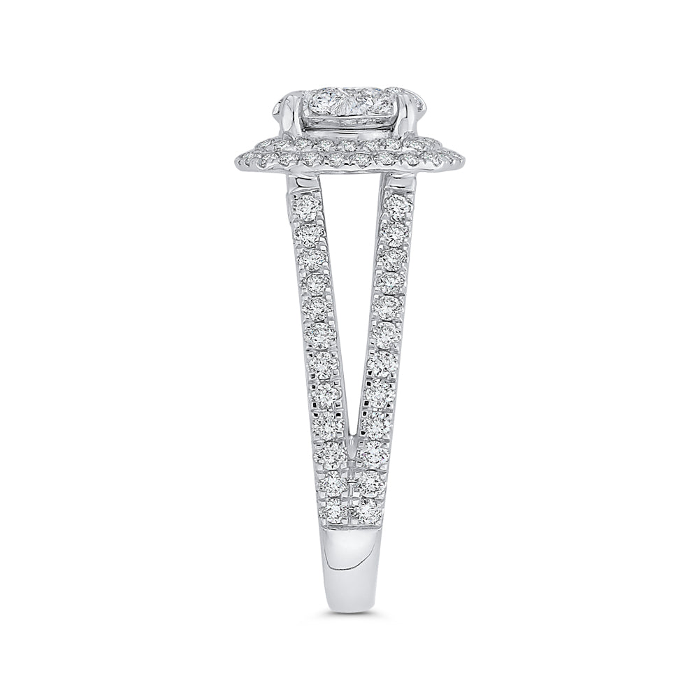 14K White Gold Round Diamond Double Halo Engagement Ring with Blue Sapphire