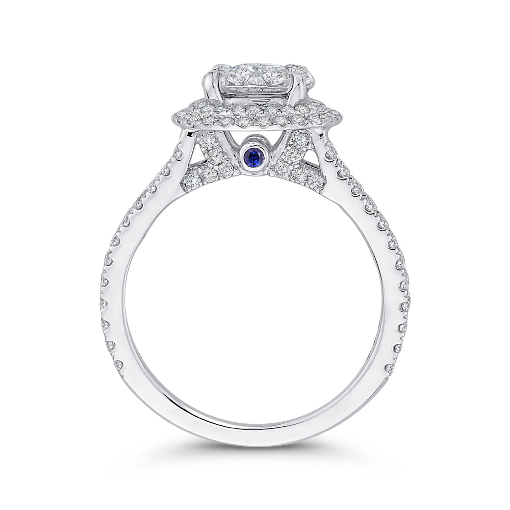 14K White Gold Round Diamond Double Halo Engagement Ring with Blue Sapphire
