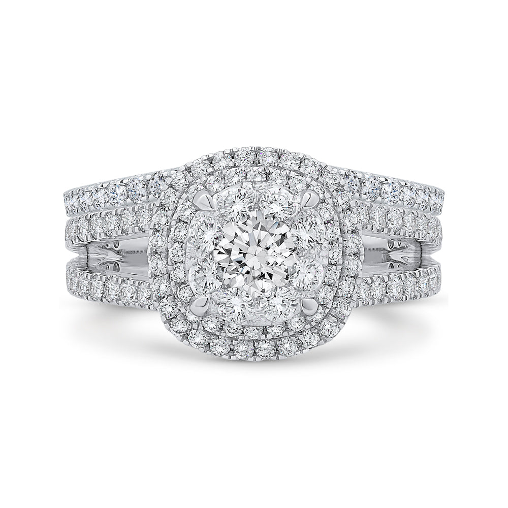 14K White Gold Round Diamond Double Halo Engagement Ring with Blue Sapphire