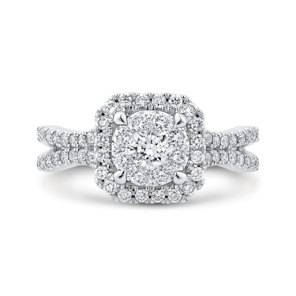 14K White Gold Round Diamond Halo Engagement Ring with Split Shank