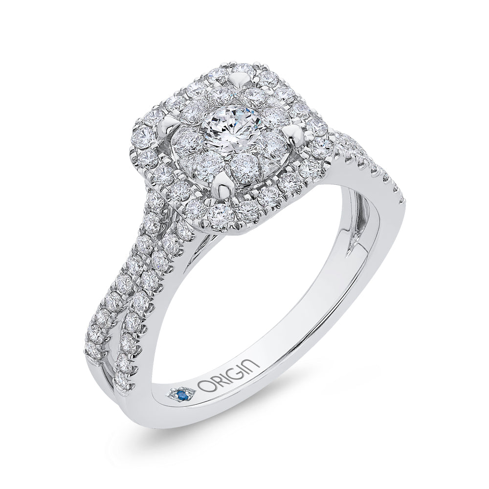 14K White Gold Round Diamond Halo Engagement Ring with Split Shank