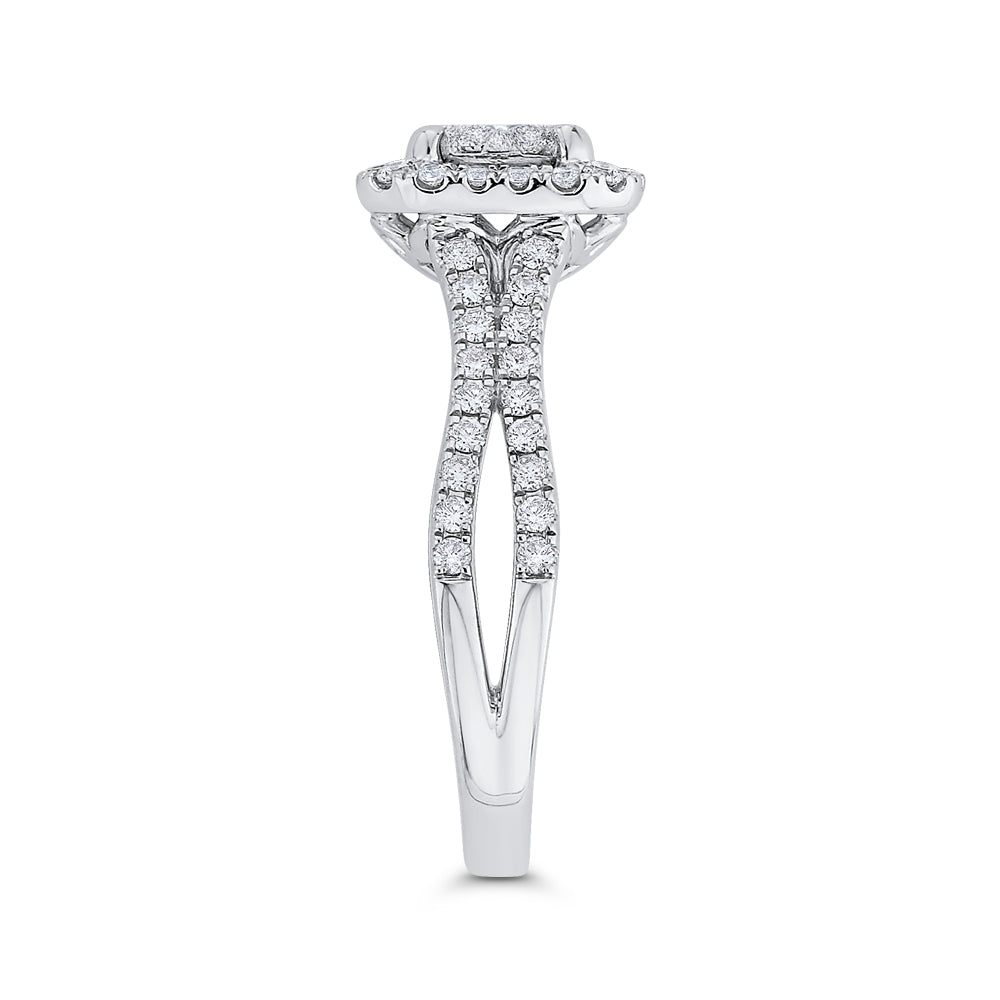 14K White Gold Round Diamond Halo Engagement Ring with Split Shank