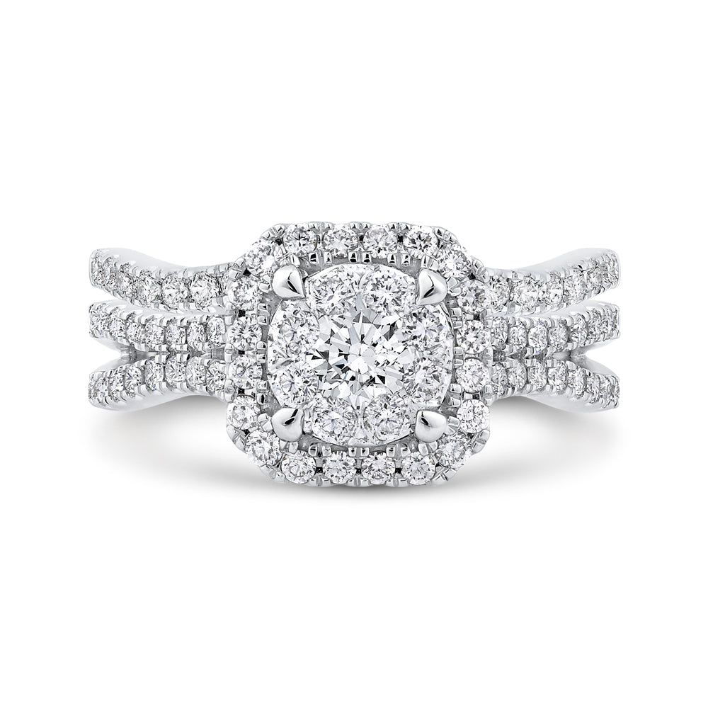 14K White Gold Round Diamond Halo Engagement Ring with Split Shank