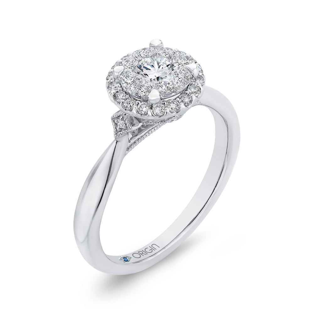 Round Cut Diamond Halo Engagement Ring In 14K White Gold