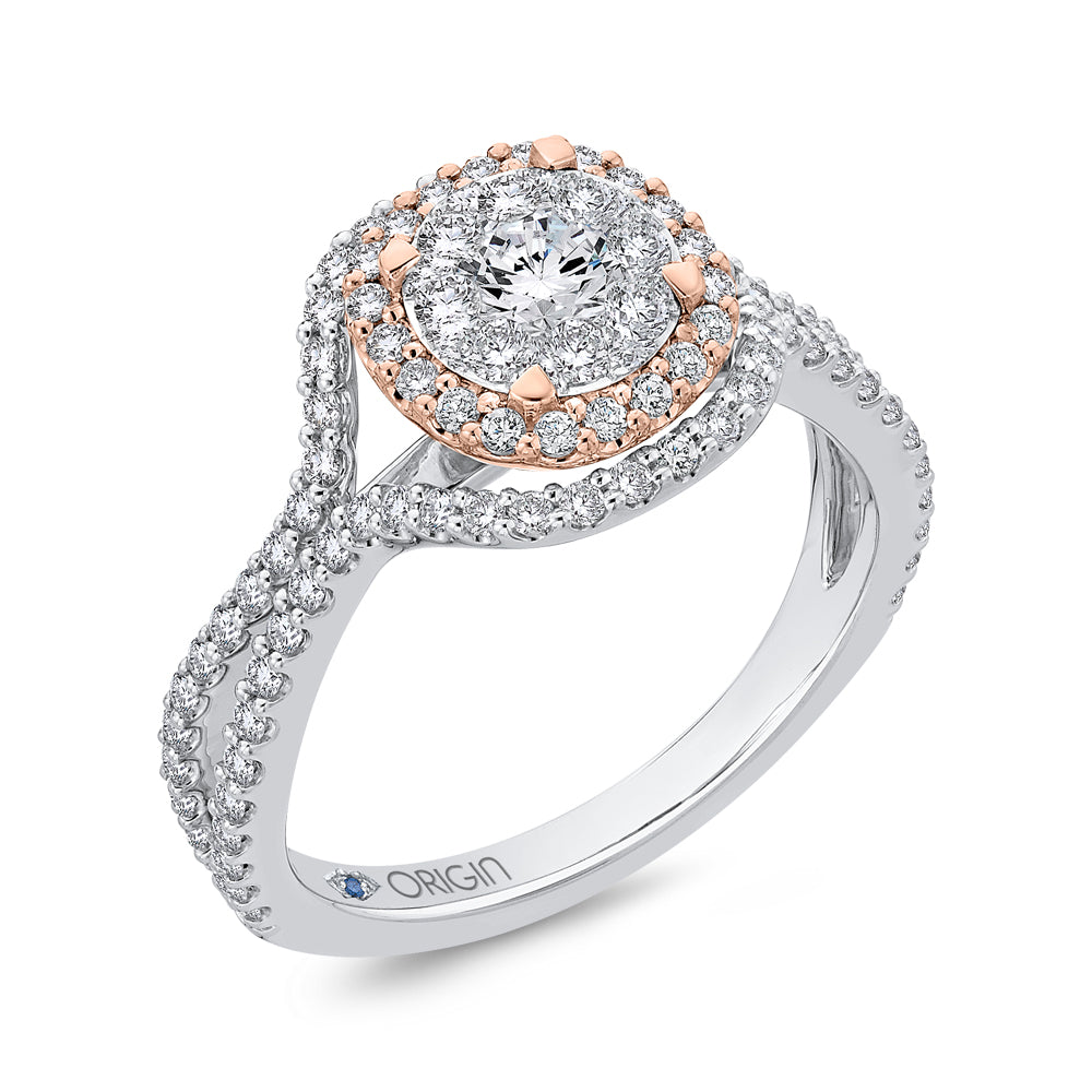 14K Two-Tone Gold Round Diamond Halo Engagement Ring with Split Shank