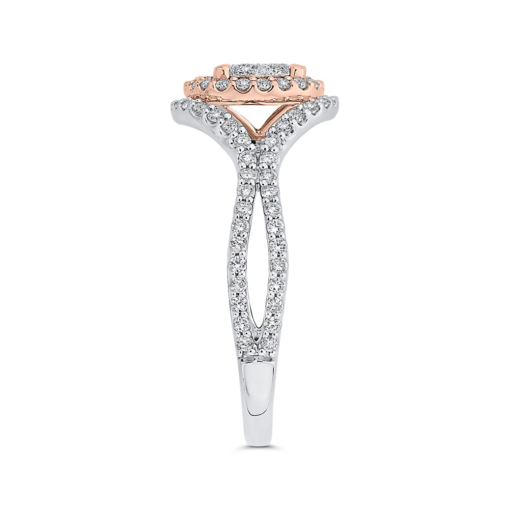 14K Two-Tone Gold Round Diamond Halo Engagement Ring with Split Shank