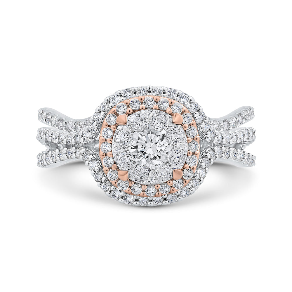 14K Two-Tone Gold Round Diamond Halo Engagement Ring with Split Shank