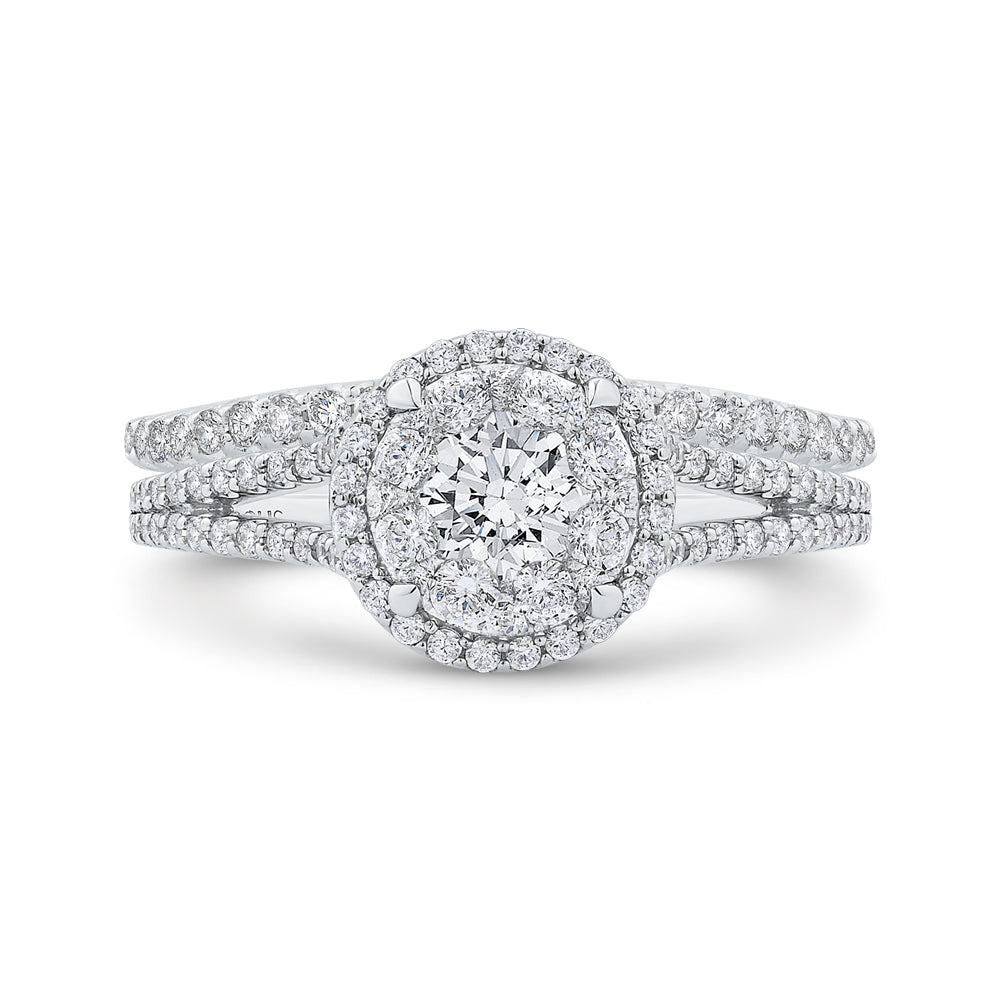 14K White Gold Round Diamond Halo Engagement Ring with Split Shank