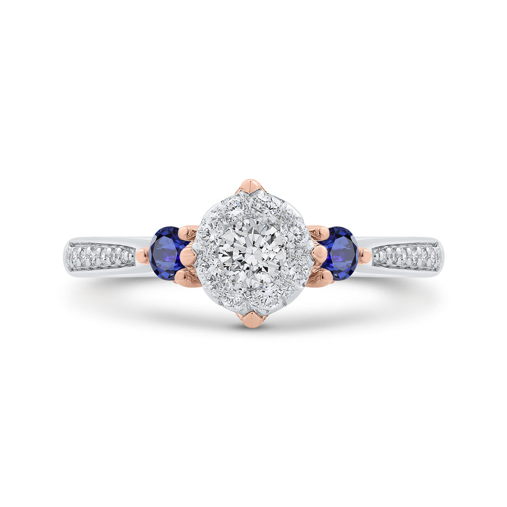 14K Two-Tone Gold Round Diamond Three-Stone Engagement Ring with Blue Sapphire