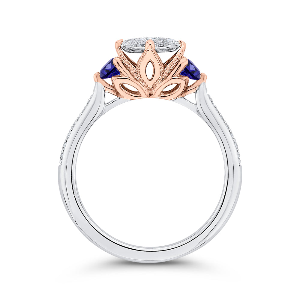 14K Two-Tone Gold Round Diamond Three-Stone Engagement Ring with Blue Sapphire