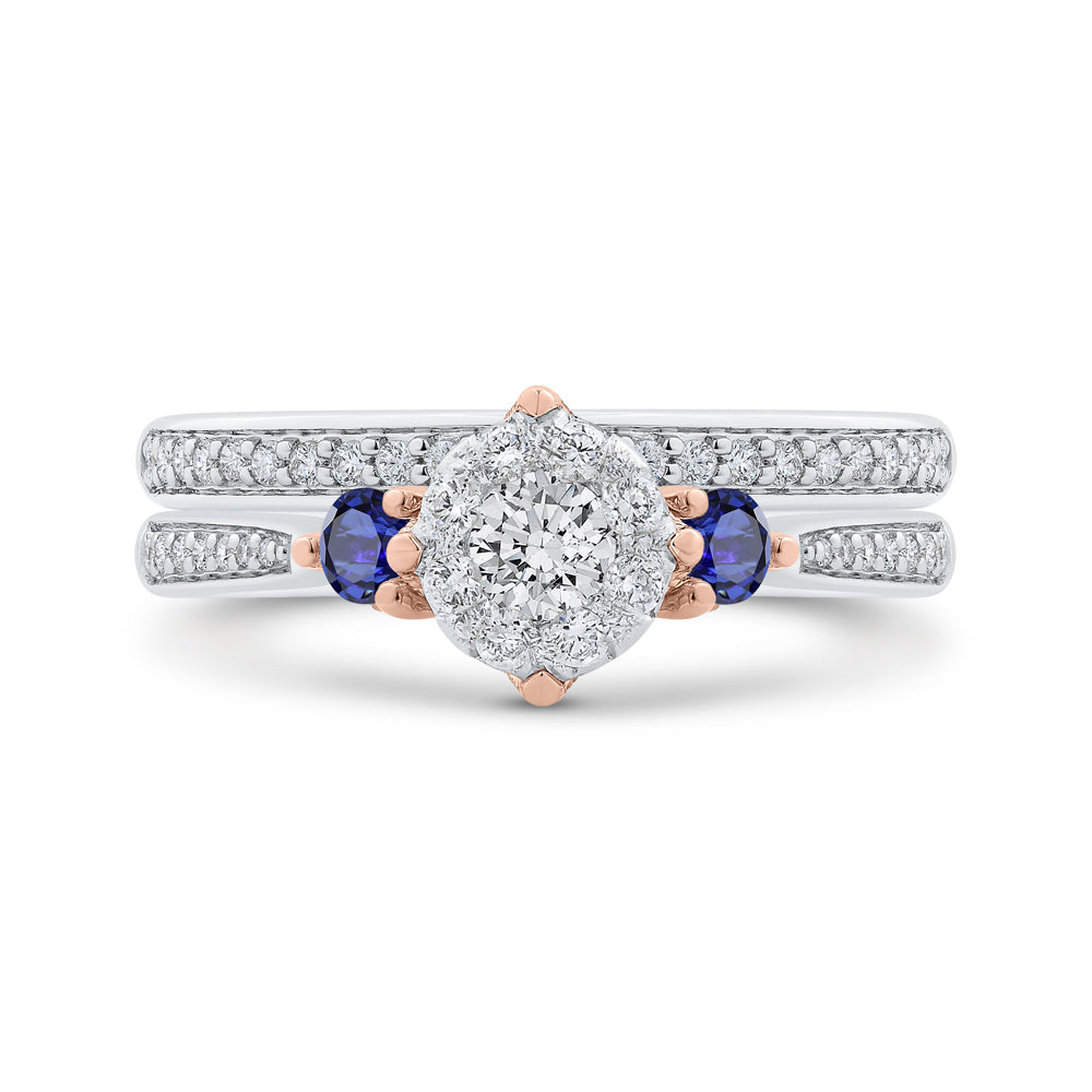 14K Two-Tone Gold Round Diamond Three-Stone Engagement Ring with Blue Sapphire