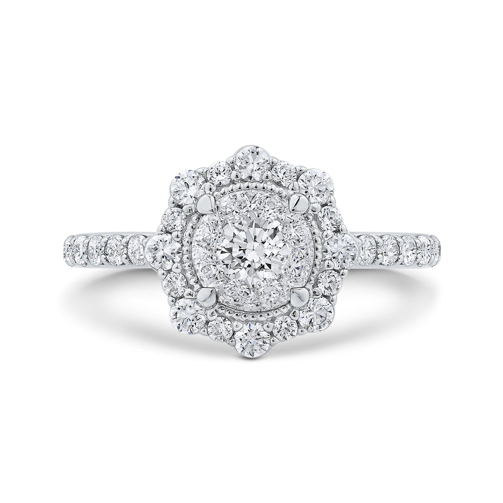 Round Cut Diamond Flower Halo Engagement Ring In 14K White Gold