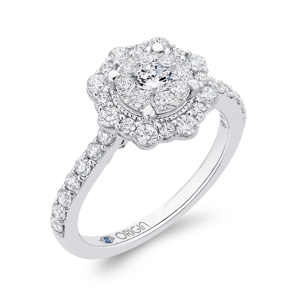 Round Cut Diamond Flower Halo Engagement Ring In 14K White Gold