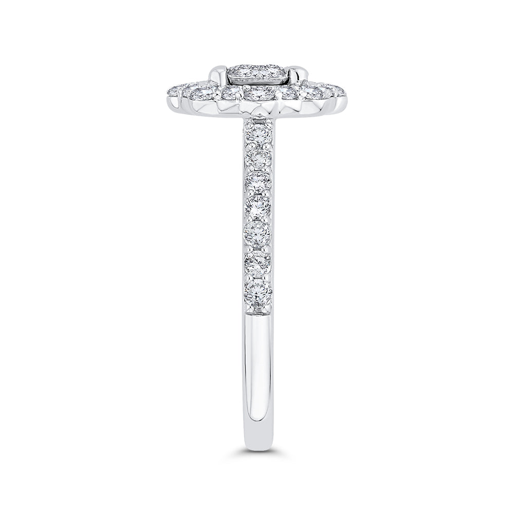 Round Cut Diamond Flower Halo Engagement Ring In 14K White Gold