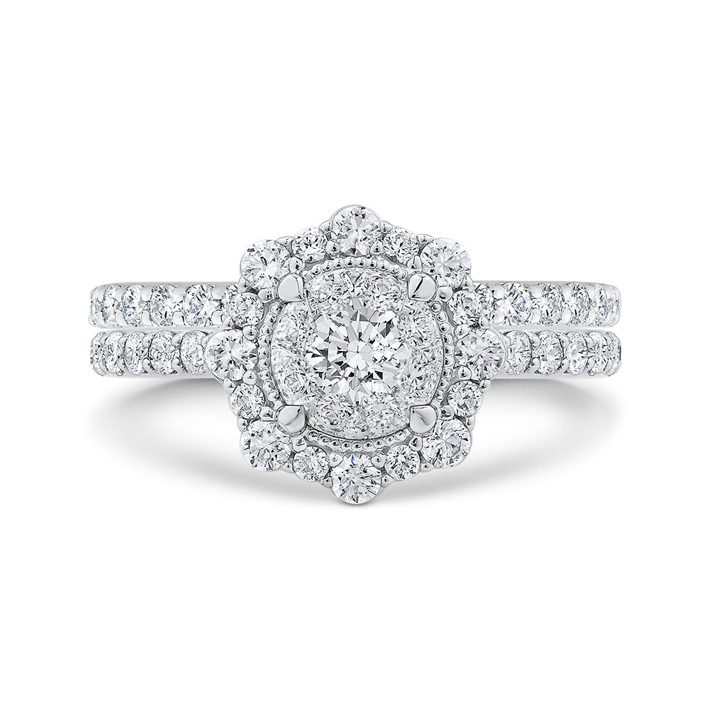 Round Cut Diamond Flower Halo Engagement Ring In 14K White Gold