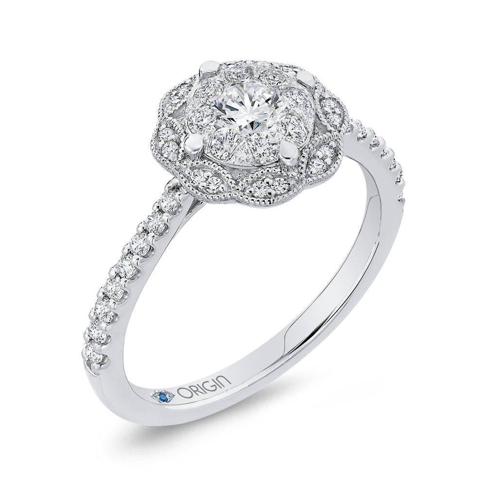 Round Cut Diamond Flower Engagement Ring In 14K White Gold