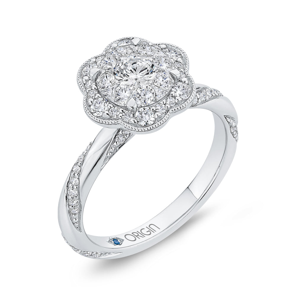 Round Diamond Flower Style Engagement Ring In 14K White Gold