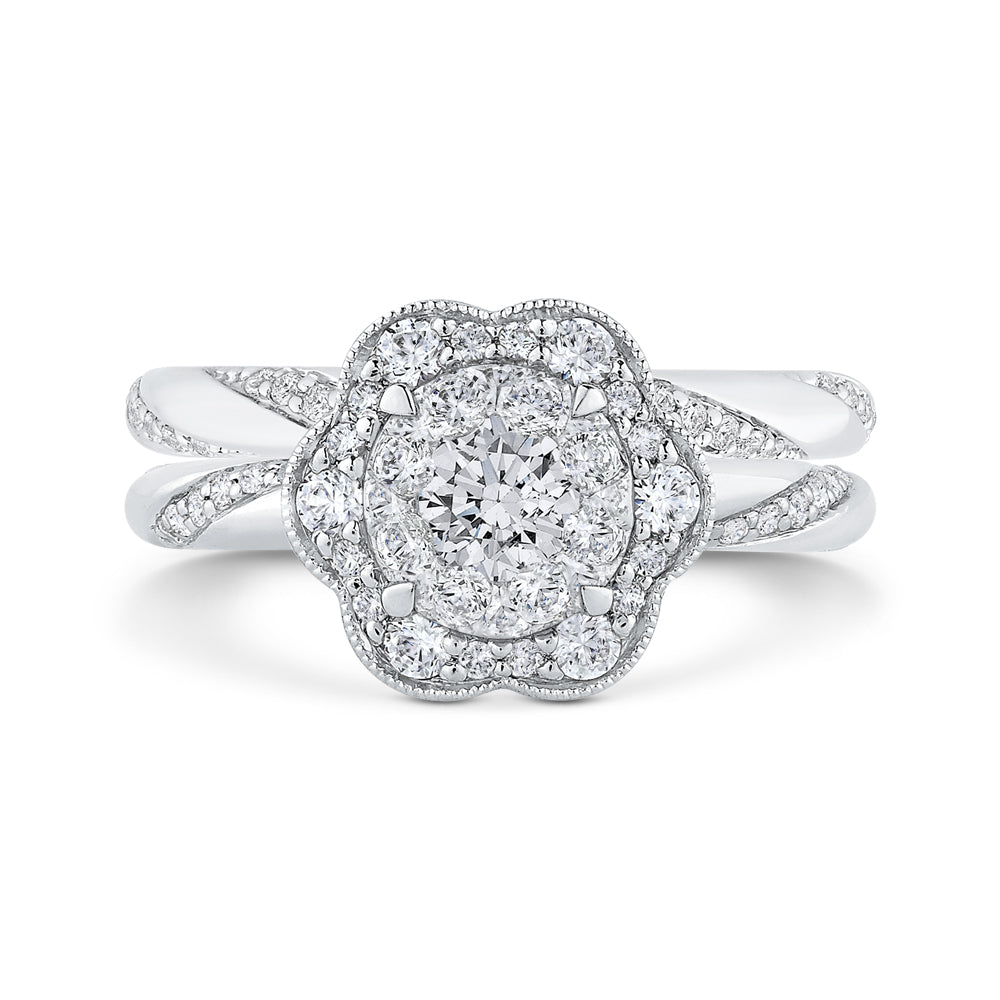 Round Diamond Flower Style Engagement Ring In 14K White Gold