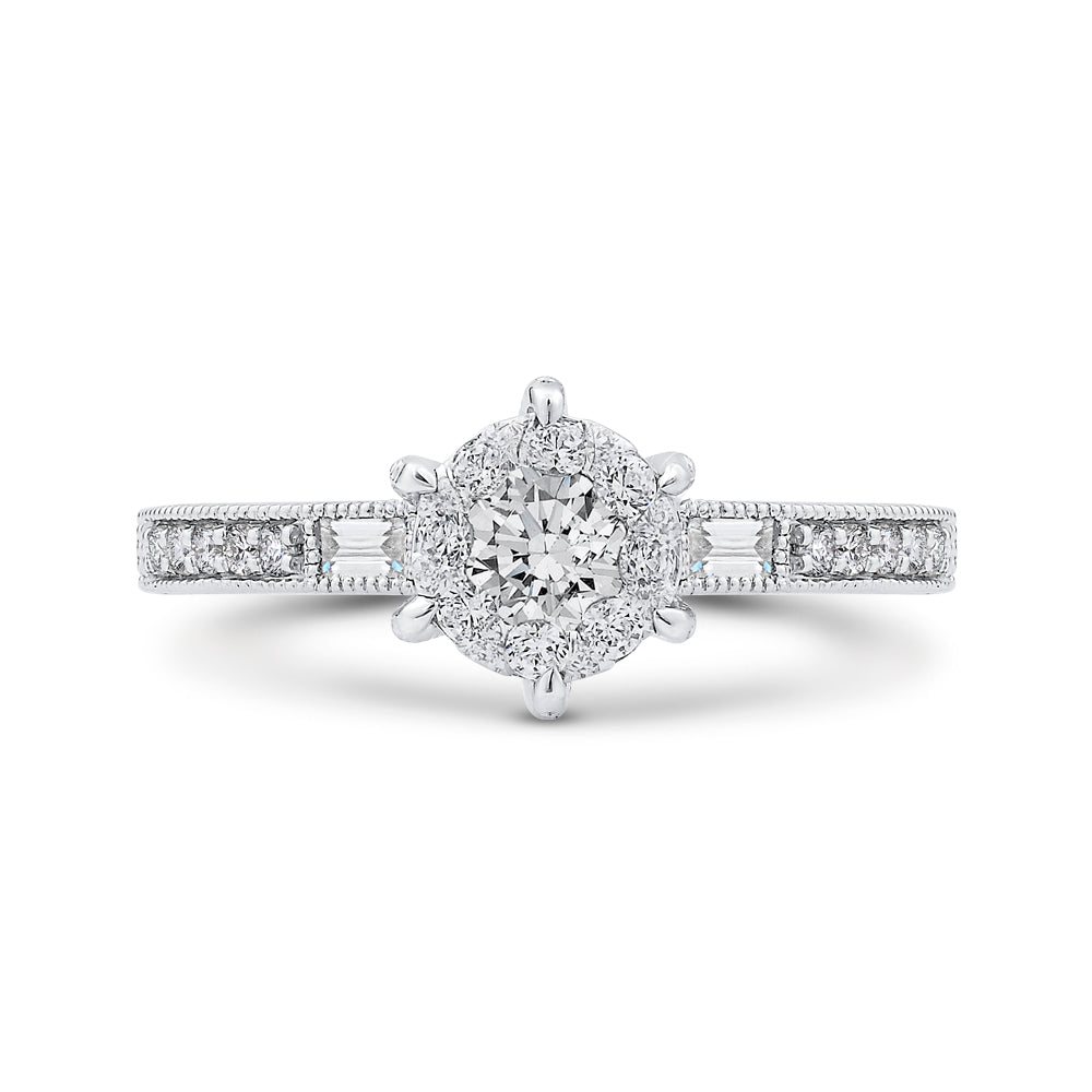 Round & Baguette Diamond Engagement Ring In 14K White Gold
