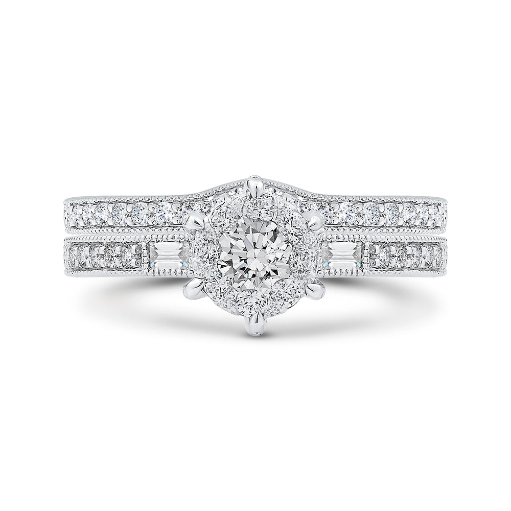 Round & Baguette Diamond Engagement Ring In 14K White Gold