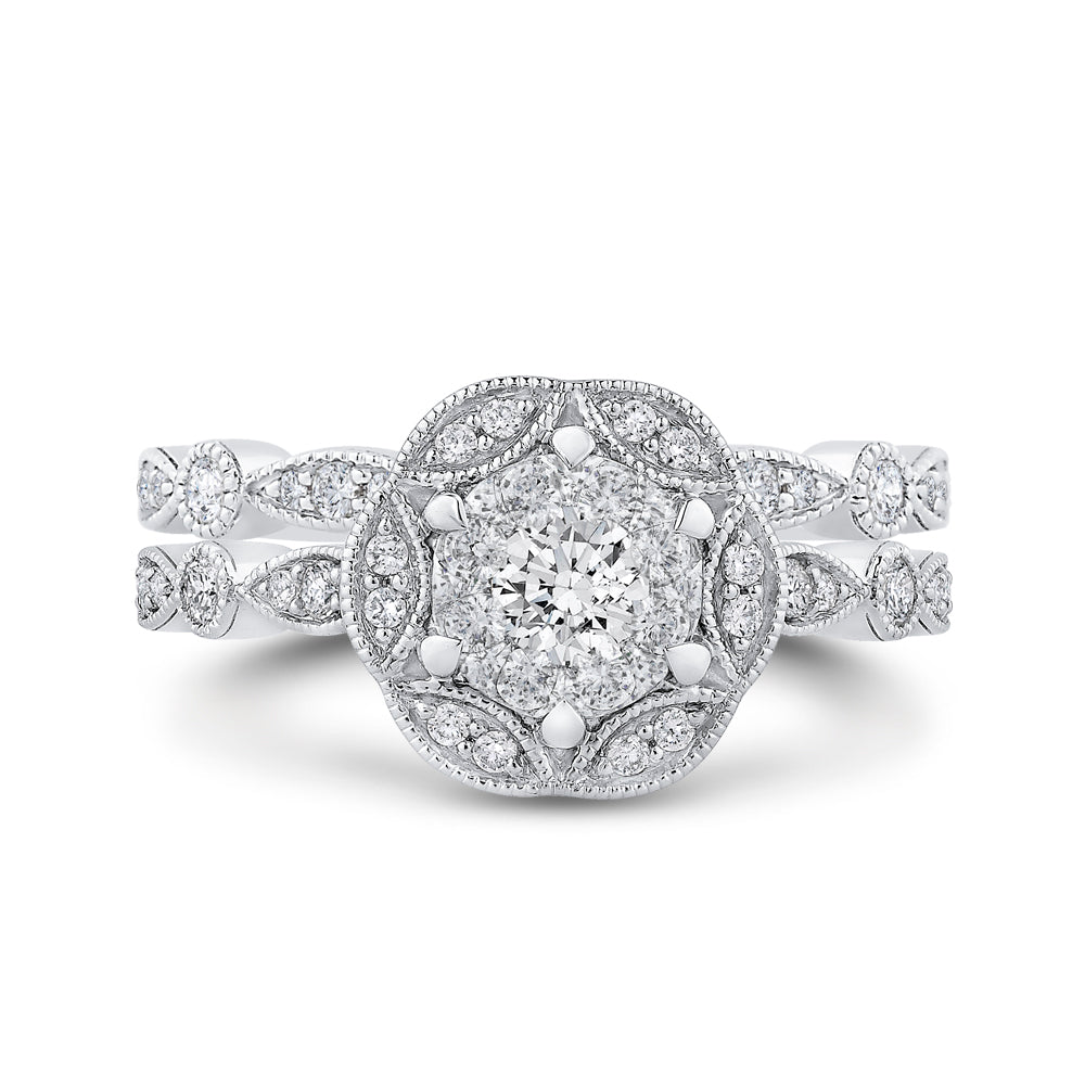 14K White Gold Round Diamond Flower Engagement Ring