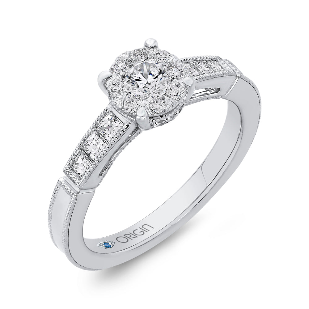 Round & Princess Diamond Engagement Ring In 14K White Gold