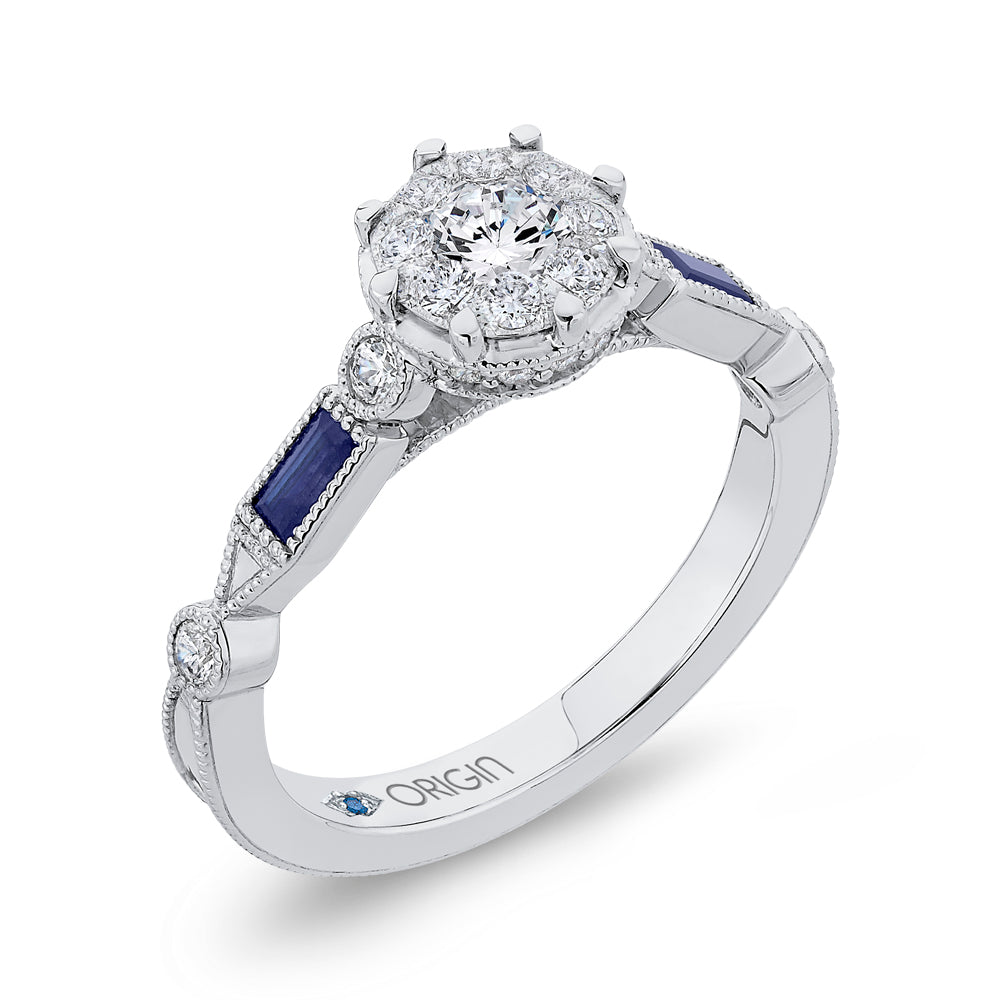 14K White Gold Round Diamond Engagement Ring with Baguette Blue Sapphire