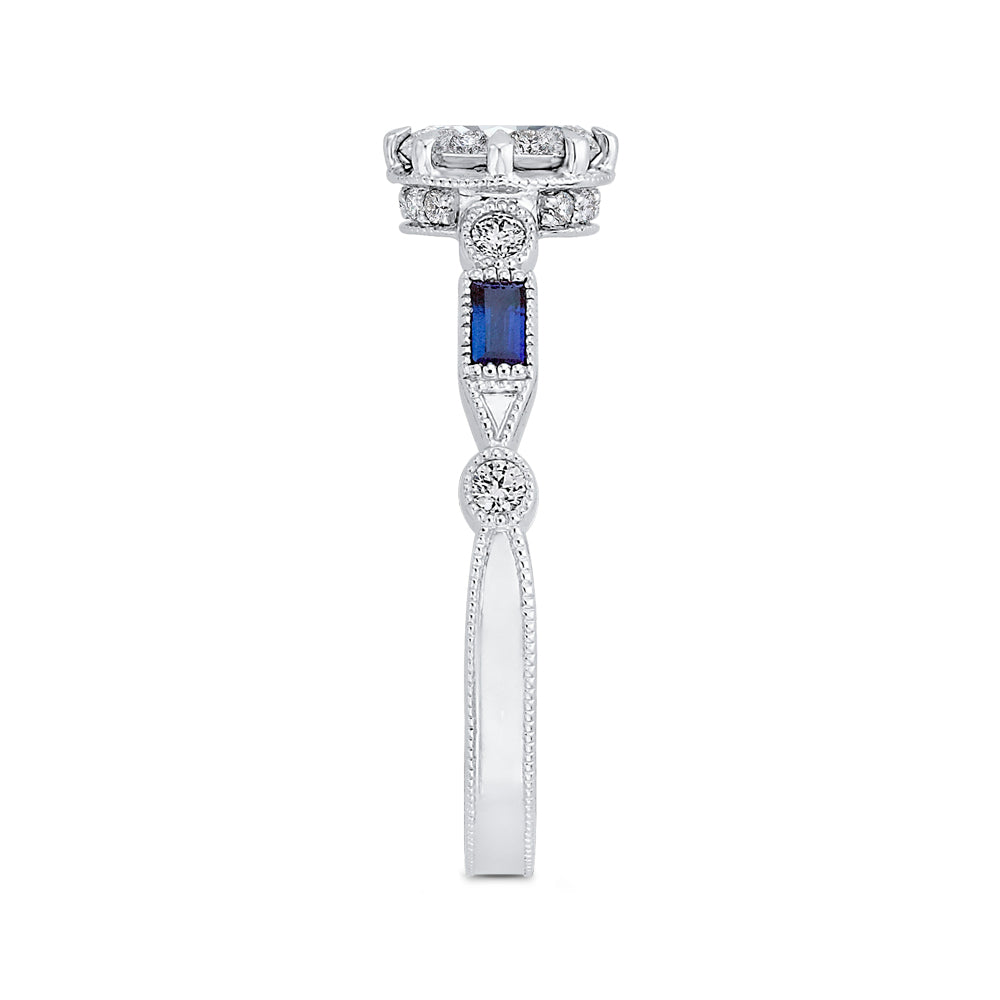 14K White Gold Round Diamond Engagement Ring with Baguette Blue Sapphire