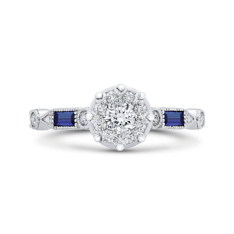 14K White Gold Round Diamond Engagement Ring with Baguette Blue Sapphire