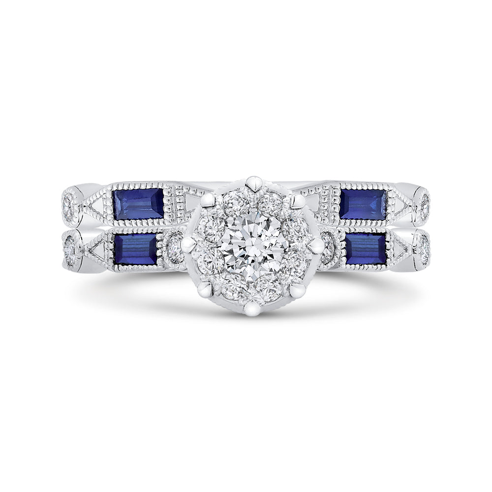 14K White Gold Round Diamond Engagement Ring with Baguette Blue Sapphire