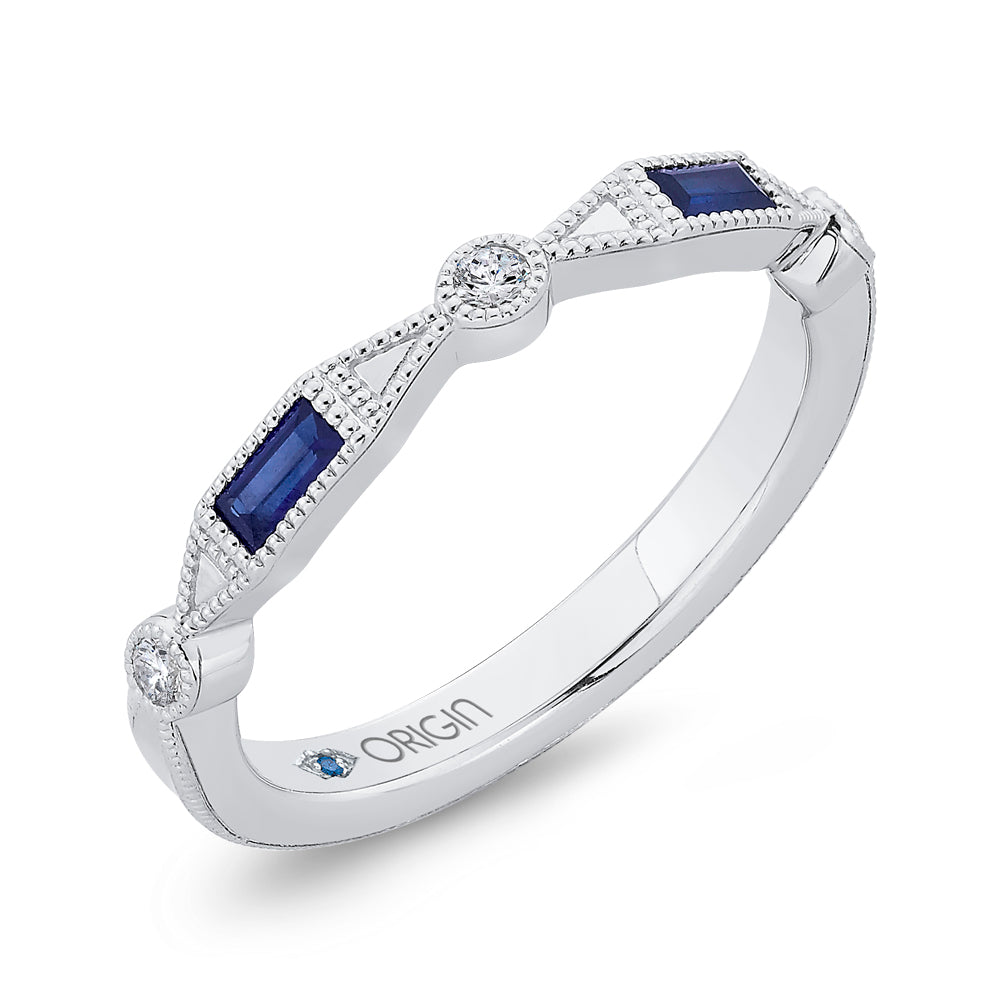 14K White Gold Round Diamond Wedding Band with Sapphire
