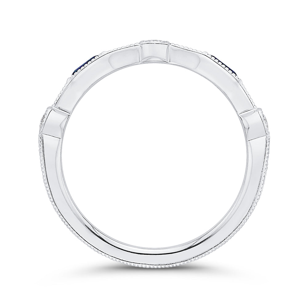14K White Gold Round Diamond Wedding Band with Sapphire