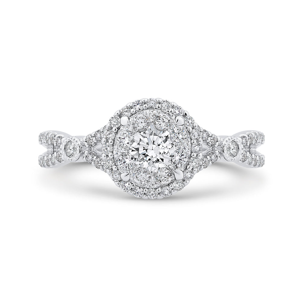 14K White Gold Round Diamond Halo Engagement Ring with Split Shank