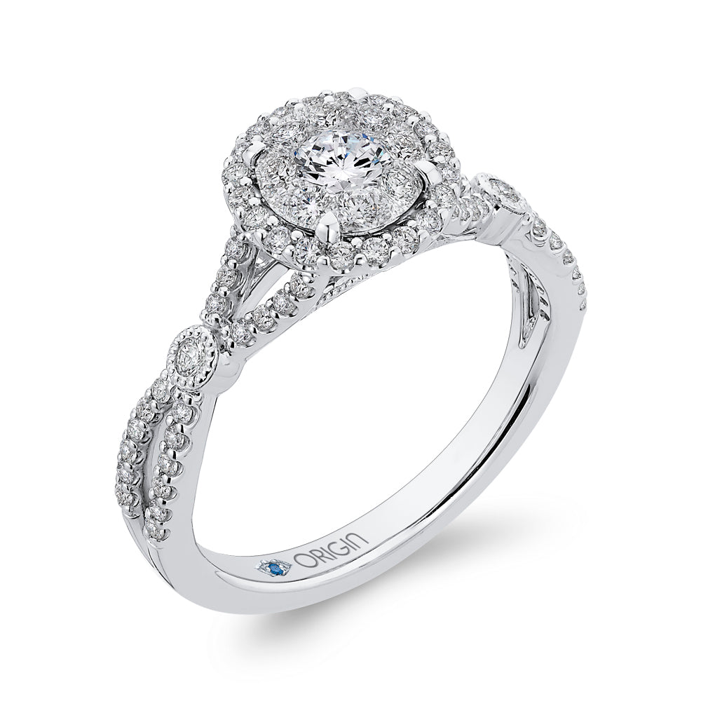 14K White Gold Round Diamond Halo Engagement Ring with Split Shank