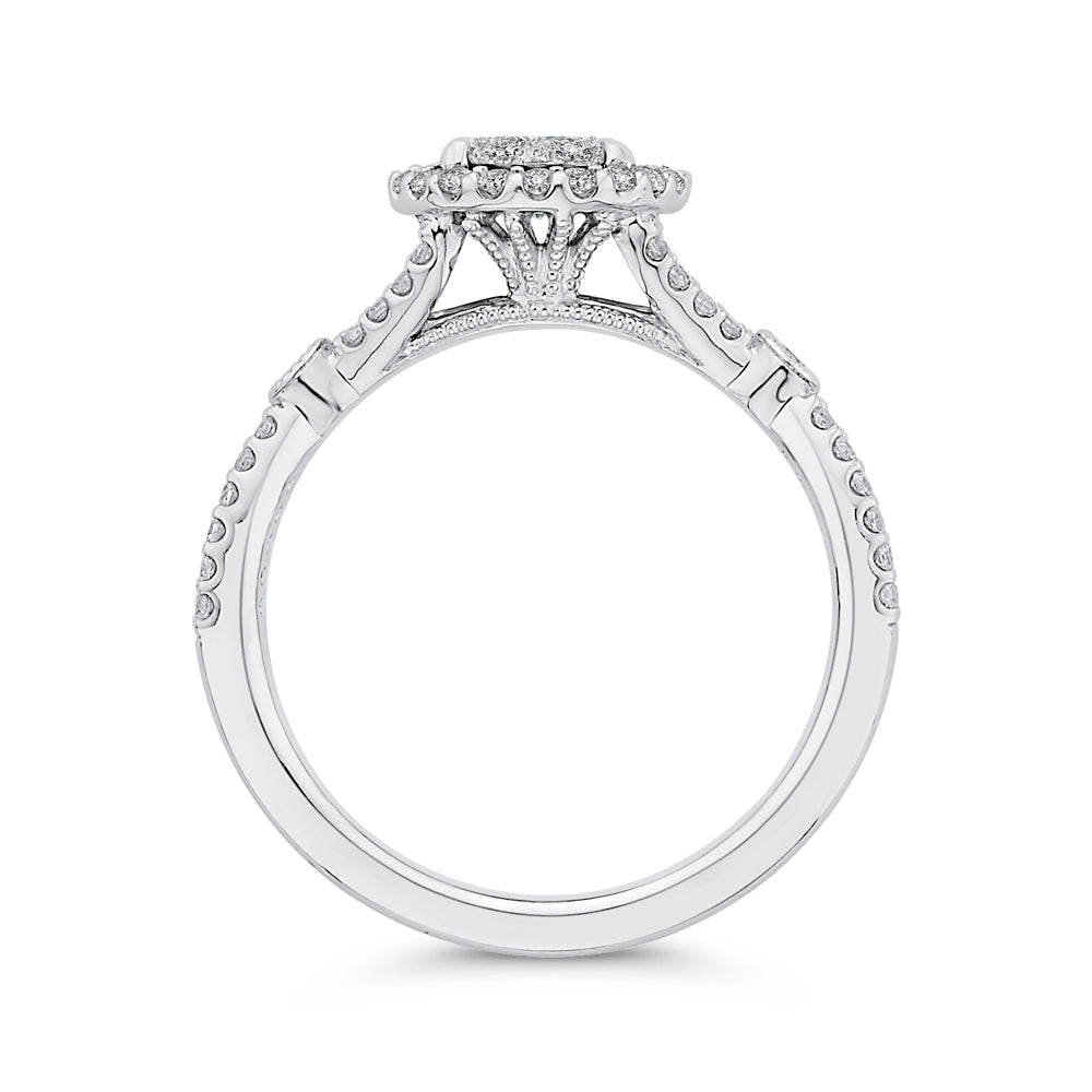 14K White Gold Round Diamond Halo Engagement Ring with Split Shank