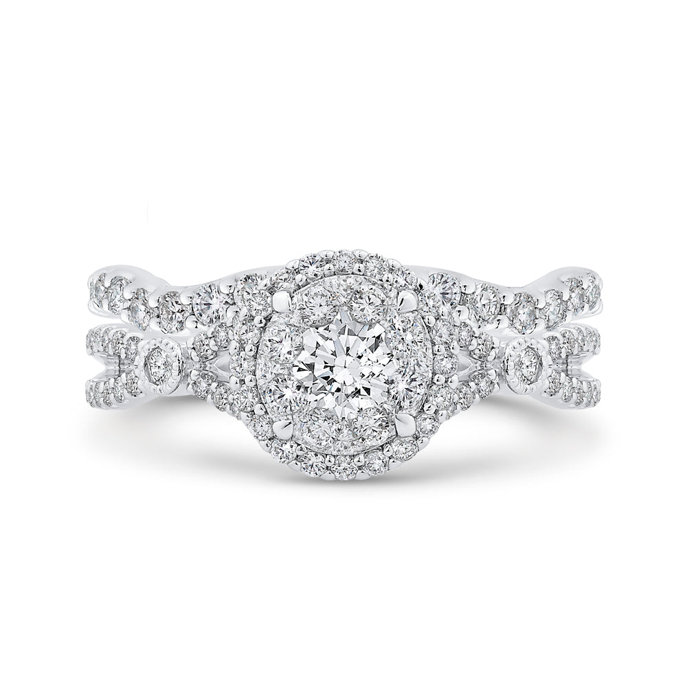 14K White Gold Round Diamond Halo Engagement Ring with Split Shank