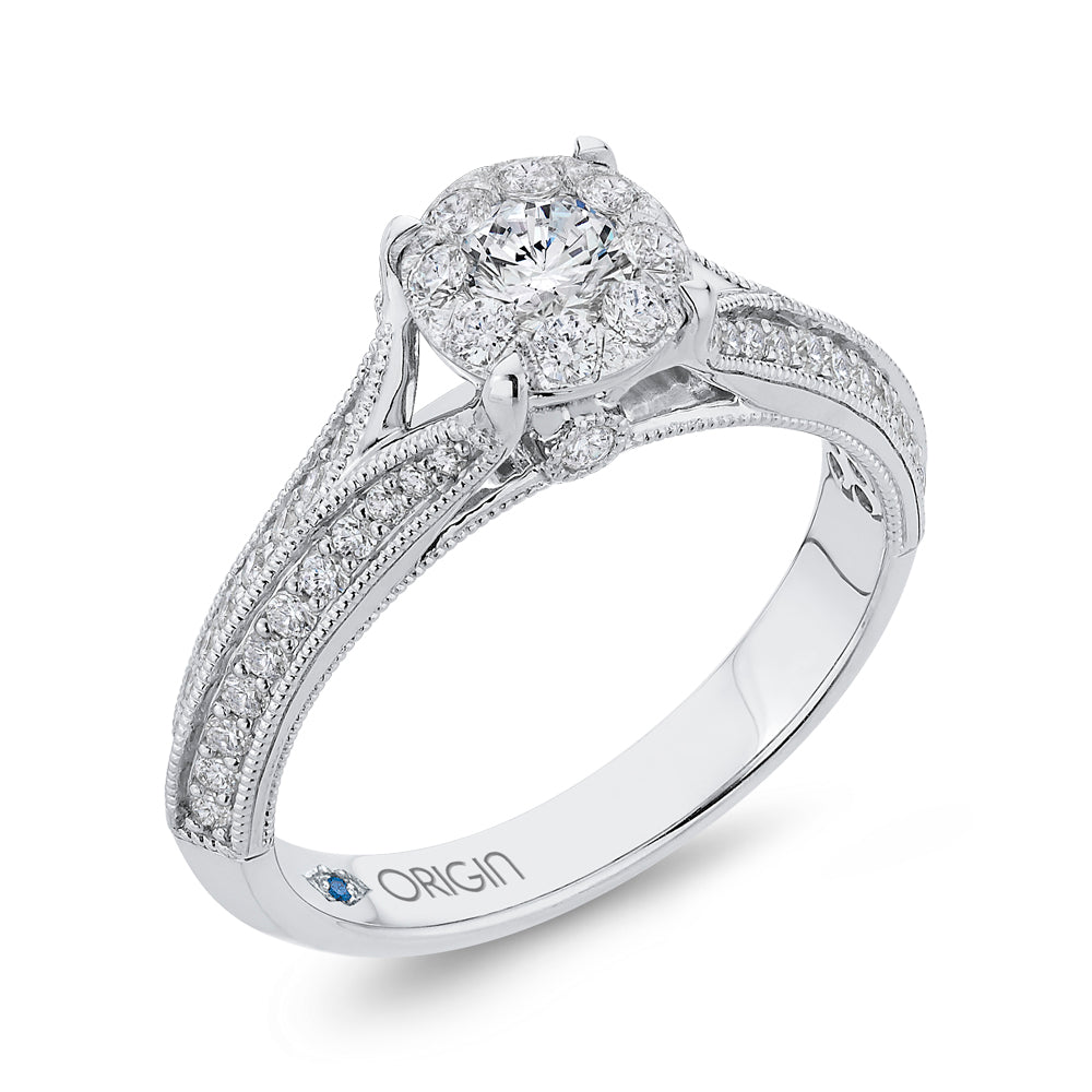 14K White Gold Round Cut Diamond Engagement Ring with Split Shank