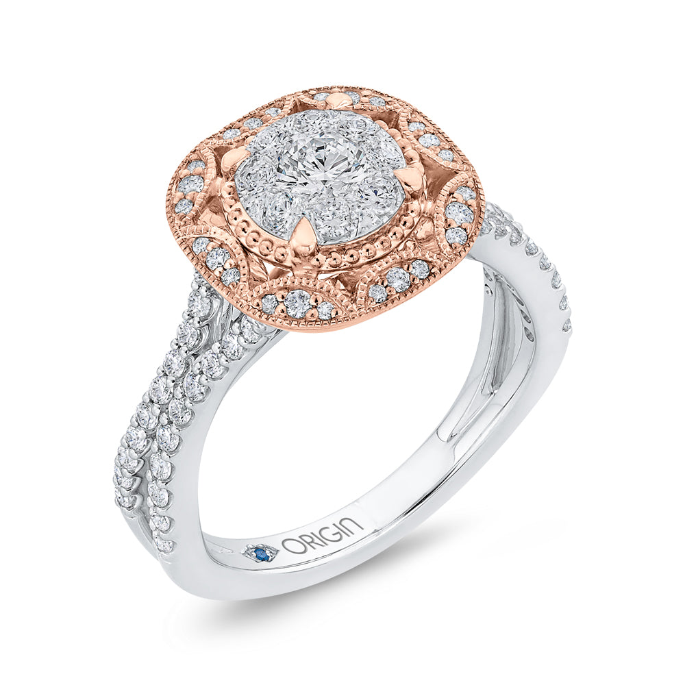 14K Two-Tone Gold Round Cut Diamond Flower Engagement Ring