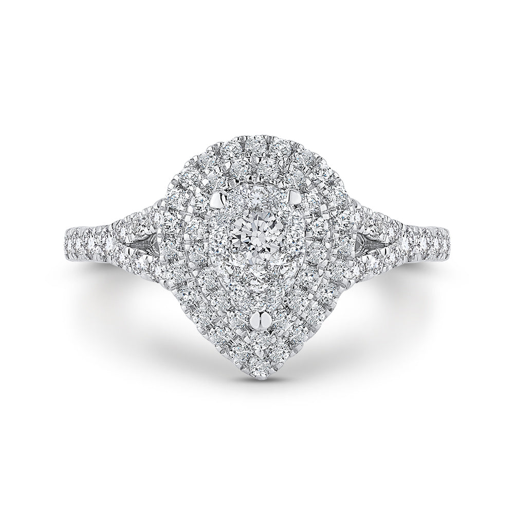 14K White Gold Round Diamond Pear Shape Double Halo Engagement Ring with Split Shank