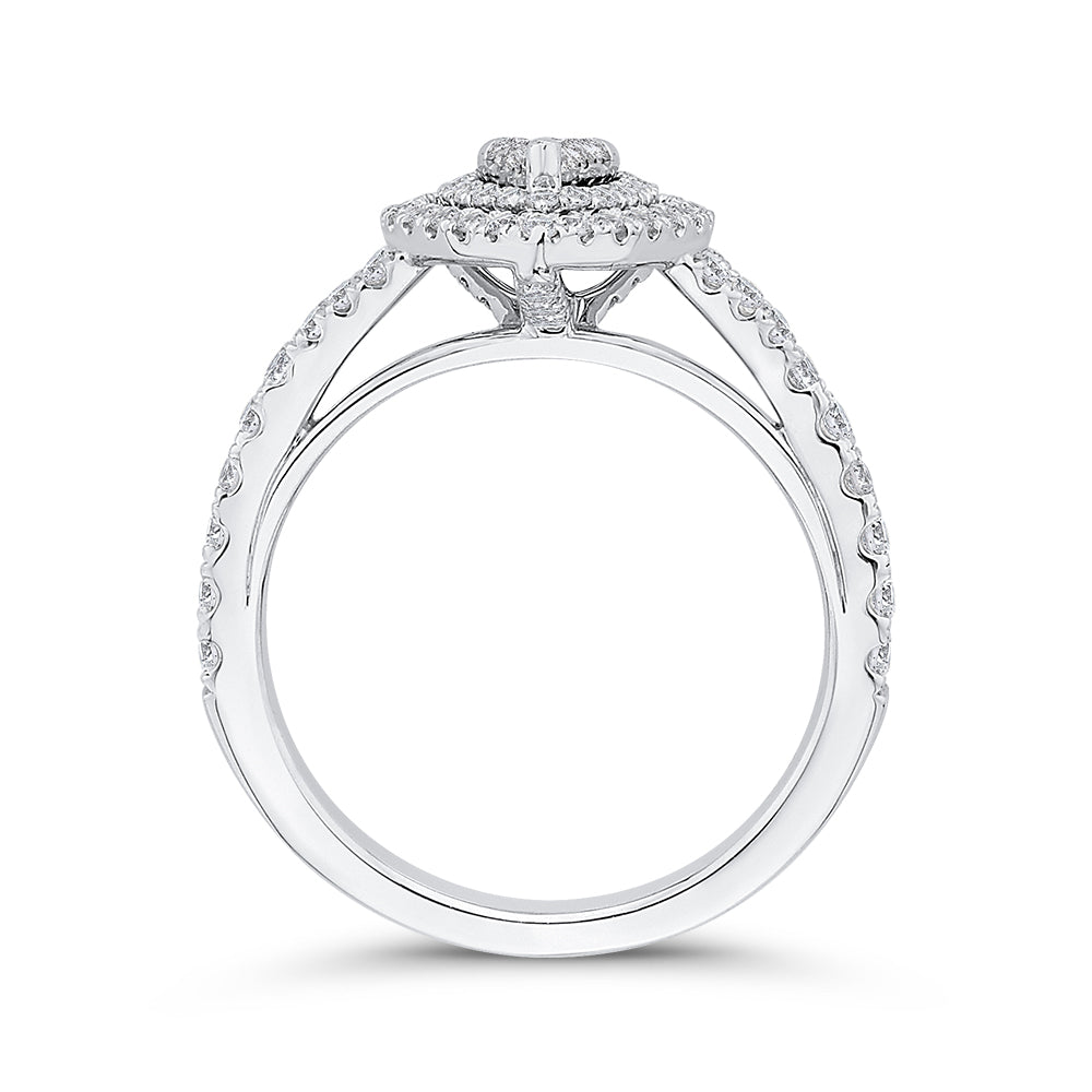 14K White Gold Round Diamond Pear Shape Double Halo Engagement Ring with Split Shank