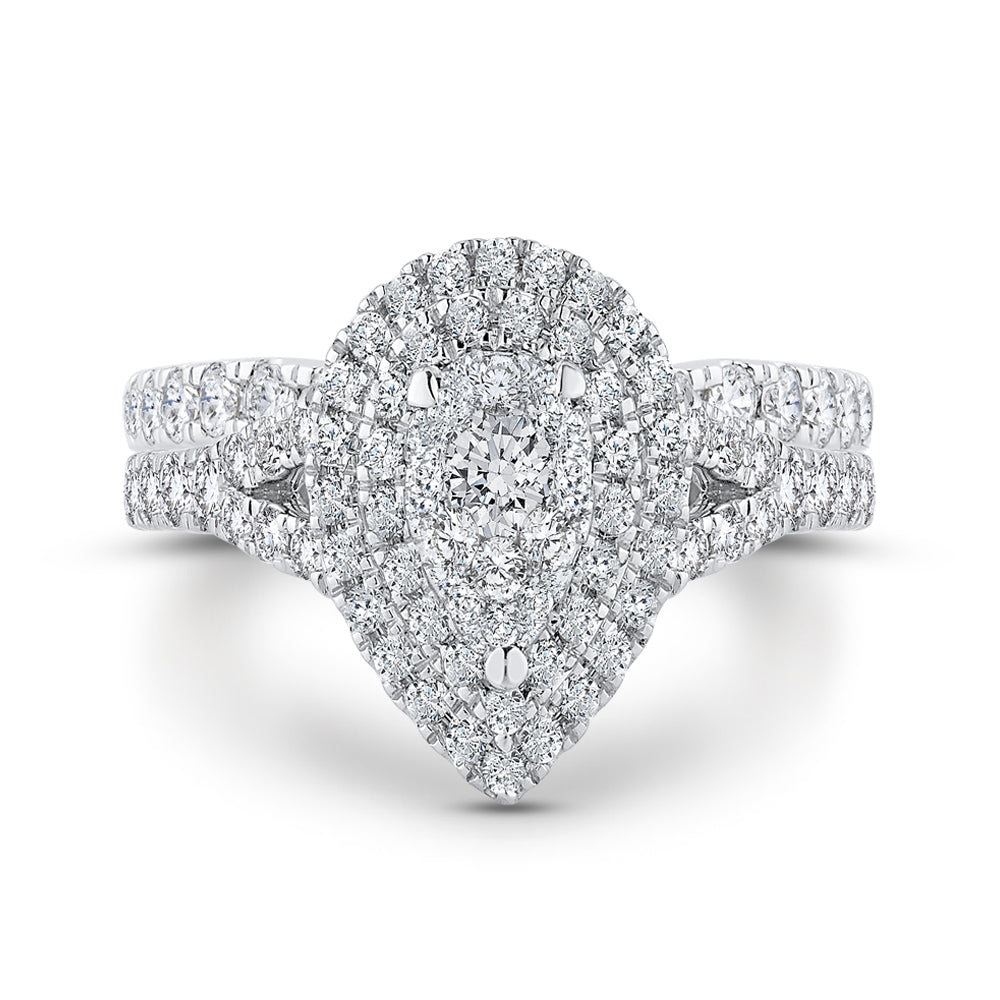 14K White Gold Round Diamond Pear Shape Double Halo Engagement Ring with Split Shank