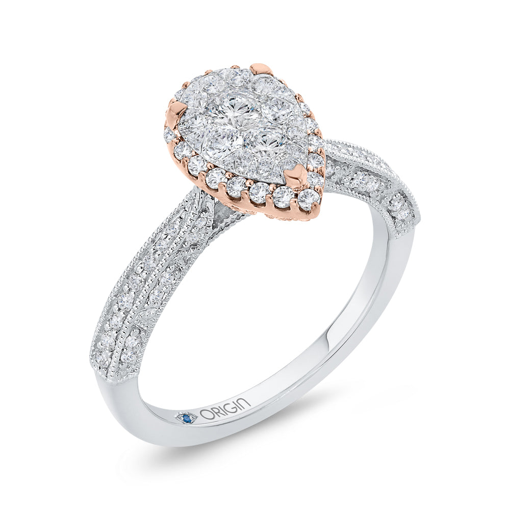 14K Two-Tone Gold Round Diamond Pear Shape Halo Engagement Ring