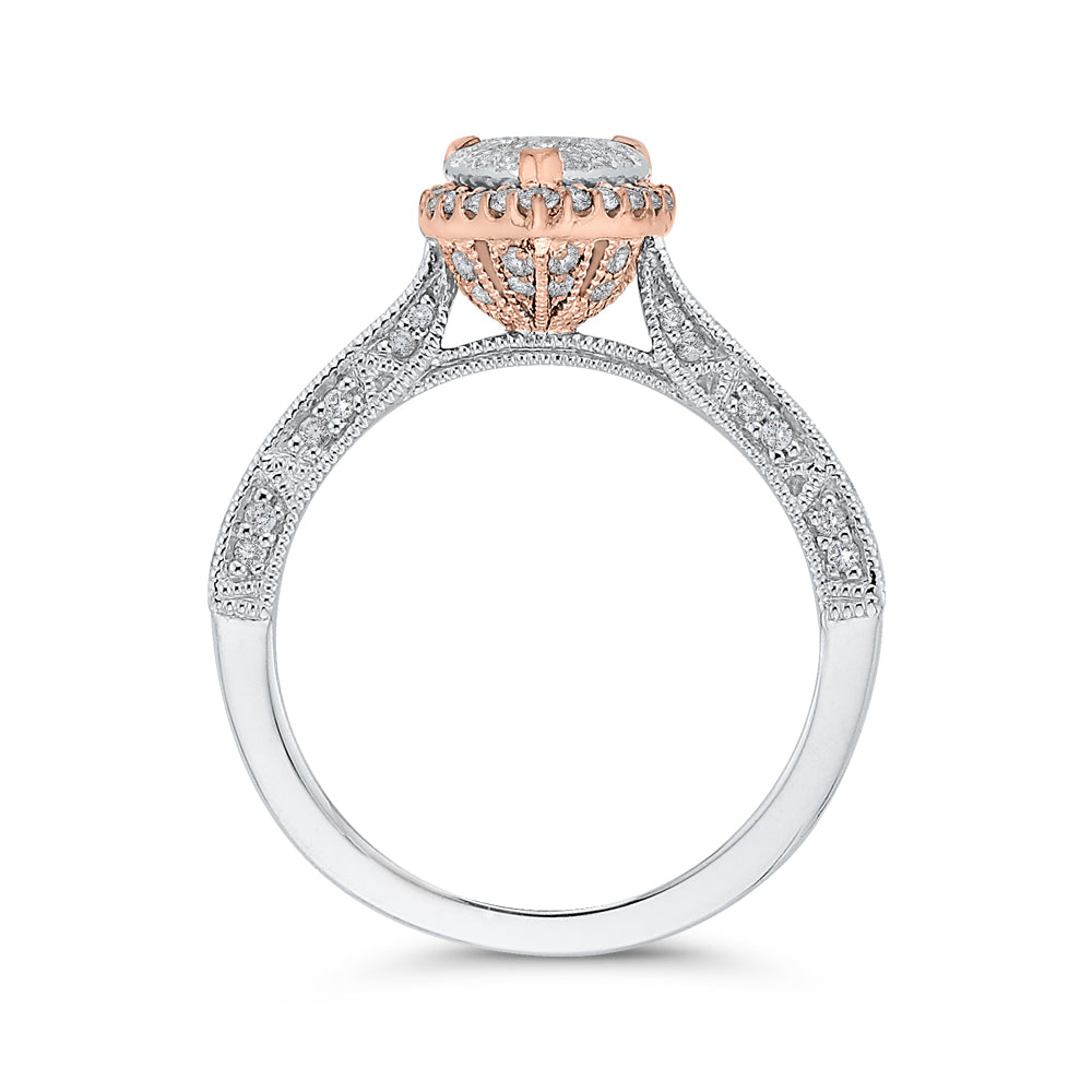 14K Two-Tone Gold Round Diamond Pear Shape Halo Engagement Ring