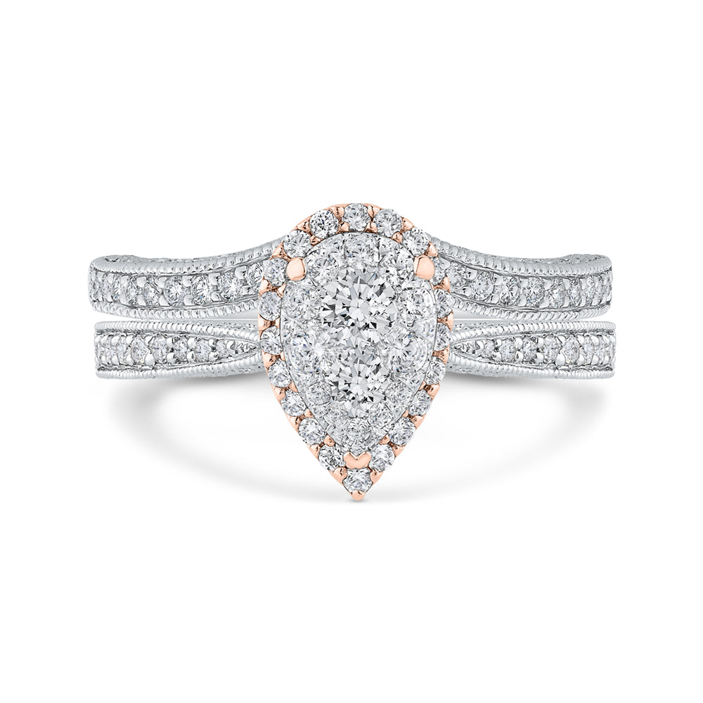 14K Two-Tone Gold Round Diamond Pear Shape Halo Engagement Ring